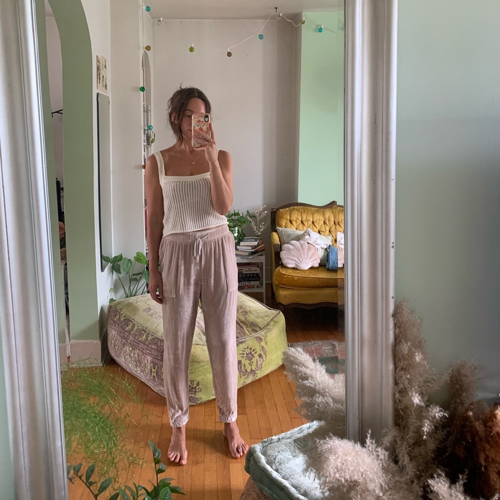 Blush pink velvet jogger pants